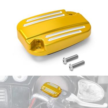 Imagem de NICECNC Tampa dourada do cilindro mestre do freio dianteiro com tampa da bomba de freio da junta fluororubber compatível com Harley Revival FLH 2021, substituição para 42855-06C (42855-06D), consulte