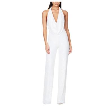 Imagem de Jueshanzj Macacão feminino com lantejoulas e gola suspensa, Branco, XXX-Large