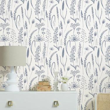 Imagem de JiffDiff Descole e cole papel de parede floral azul fazenda madeira selvagem prado de trigo papel de parede removível para quarto papel de parede moderno amigável para locatários 304.8 cm x 43.9 cm