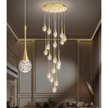 Imagem de cenozo Lustre De Cristal Glam Moderno Com 18 Luzes Para Teto Alto, Pendente Regulável Led, Escada, Hall Entrada, Iluminação Sala Estar, Dourado Antigo
