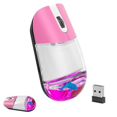 Imagem de Mouse sem fio com seção de água líquida e flutuador animal, portátil, retrô, silencioso, fofo, mouse aquático com receptor USB, leve 1000DPI para laptop, PC, computador (rosa, golfinho)