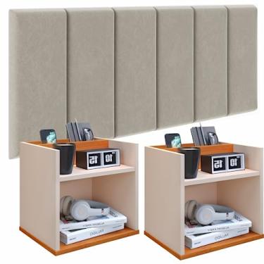 Imagem de Conjunto Cabeceira Casal 140cm com Kit de Mesa de Cabeceira Suspenso com Porta Celular Madri (Cabeceira Bege- Kit Off/freijo)