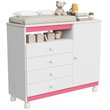Imagem de Cômoda Baby Infantil com Trocador 4 Gavetas e 1 Porta sapateira Quarto de Bebê Branco Organizador multifuncional cor rosa