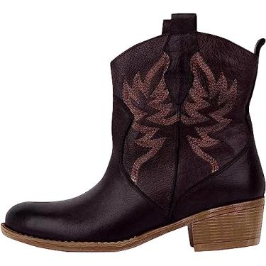 Imagem de Botas de cano curto estilo caubói ocidental bordadas, retrô, sem fecho, salto médio, cano médio, bico redondo, Marrom, 6.5