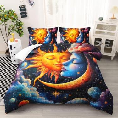 Imagem de AILONEN Conjunto de edredom casal com sol e lua, nuvens mágicas, planeta estrelado, 3 peças de edredom de microfibra macia com 2 fronhas