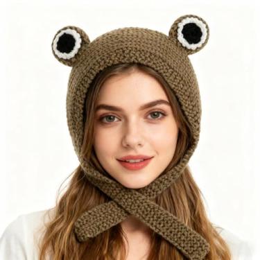 Imagem de ANKOMINA Touca de cabeça de sapo para mulheres, meninas, fofo, crochê, tricotada, para inverno, sapo, aba de orelha, adereços para fotos, Café, tamanho �nico