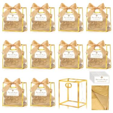 Imagem de Tenare Pacote com 12 sacos de presente de plástico transparente com alças saco reutilizável para lembrancinhas de festa com laço de fita de papel de seda para brindes, aniversário, casamento