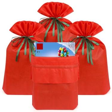 Imagem de Linkidea Pacote com 4 sacos de presente reutilizáveis não tecidos com cordão, bolsa de presente compatível com LEGO, serve para aniversário, Natal e festa (vermelho)