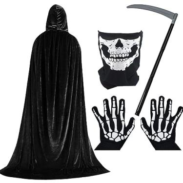Imagem de Capa preta de 150 a 160 cm com capuz, foice, máscara de caveira, luvas, fantasias de Halloween Scream Grim Reaper de 2025 para adultos de 1,60 m a 1,80 m, Preto, 151cm