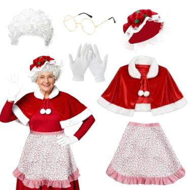 Imagem de HTPARY Conjunto de fantasia feminina de Natal para cosplay de Papai Noel, avental, chapéu, peruca, óculos, luvas, perfet, para festa de Natal