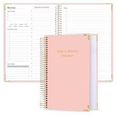 Imagem de Qzyoneei Agenda mensal diária sem data para 2025 2026 - Lista de tarefas A5 com agenda horária, capa dura espiral encadernada para aumentar o foco, material escolar/escritório elegante, 14,7 cm x 21,6