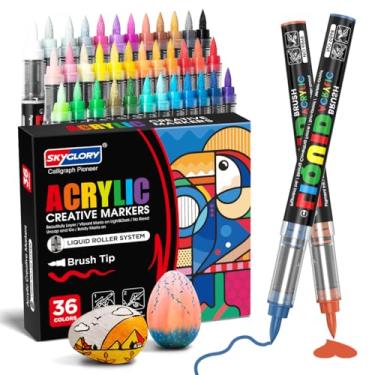 Imagem de Canetas marcadoras de tinta acrílica com ponta de pincel de 36 cores, marcadores líquidos grandes de tinta para caligrafia, tela, madeira e artesanato | Secagem rápida, ponta flexível | Materiais de