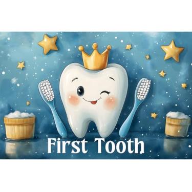 Imagem de YongFoto My First Tooth Backdrop 1,5 x 0,9 m, desenho fofo, coroa de dentes, escova de dentes, fundo fotográfico 1º aniversário, faixa de festa de bebê, decoração de mesa de bolo, batizado, sessão de