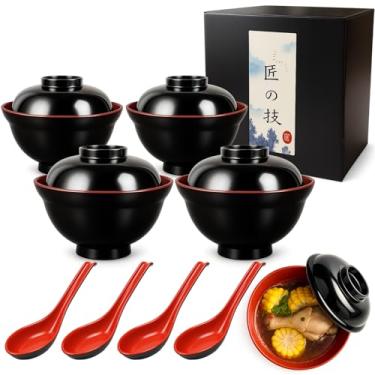 Imagem de JapanBargain, Tigela de sopa com tampa e colher para sopa de missô arroz poke donburi macarrão macarrão cereal cor preta e vermelha estilo japonês com colher de gancho, 595 g (4, 600 ml sem caixa de presente)