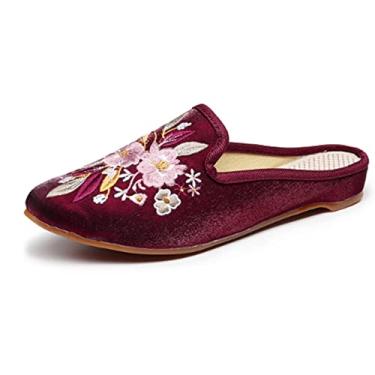 Imagem de TangDao Mocassins femininos bordados frente única bico fino sem cadarço confortável sem cadarço bordado, Vermelho, 37