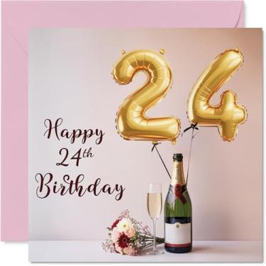 Imagem de Stuff4 Cartões de aniversário de 24 anos para homens e mulheres - Balões e uma garrafa de bolhas - Cartão de feliz aniversário para homem de 24 anos mulher irmão sobrinho tia amigo, cartões