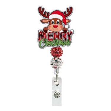 Imagem de Suporte retrátil de crachá de rena de Natal com design de contas de alce com glitter e crachá de inverno com clipe jacaré para enfermeiras de enfermagem, CNA RN, estudantes de medicina, professores