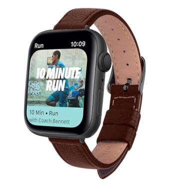 Imagem de XLCZMYL Pulseira de relógio fina de couro para relógio série 7 SE 6 5 4 3 2 1 de 40 mm, 44 mm, 38 mm, 42 mm, couro feminino, preto, marrom escuro, 38 mm