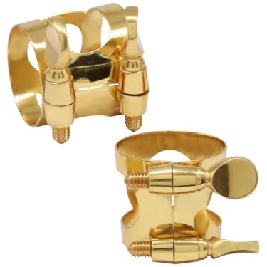 Imagem de Murtenze 2 peças de ligadura de saxofone alto dourada, ligadura de bocal de parafusos duplos ajustáveis para instrumento de bocal de saxofone