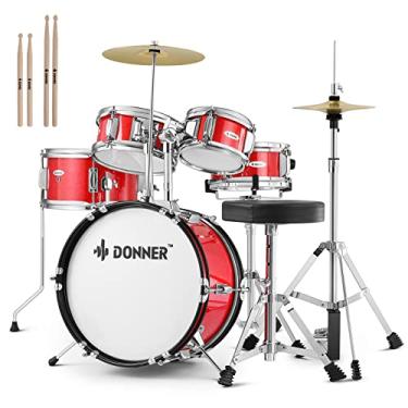 Imagem de Conjunto de bateria infantil Donner 5 peças para iniciantes, bateria júnior de 35,6 cm, com trono ajustável, bacia, hi-hat, pedal e bacia, vermelho