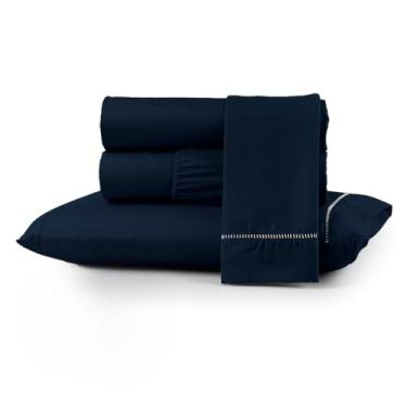 Imagem de Jogo de Cama Macio 400 Fios Versátil para Camas de Casal e Solteiro, Fixação Segura com Elástico(AZUL MARINHO,BERÇO)