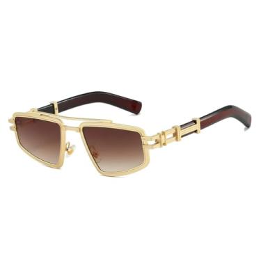 Imagem de HCHES Óculos de Sol Femininos de Luxo com Ponte Dupla Retrô, Lentes Degradê, Proteção UV400, Estilo Punk Masculino (Marrom Dourado)