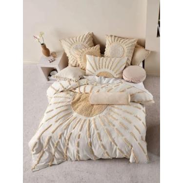 Imagem de Conjunto de capa de edredom Boho Tufted - Conjunto de cama de algodão de 3 peças, capas de edredom bordadas macias e jacquard com fronhas, tamanho Queen/King, fazenda chique gasto, macio e respirável