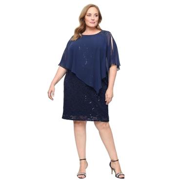 Imagem de S.L. Fashions Vestido feminino curto com lantejoulas e renda e contas sobrepostas, Azul-marinho novo, 50