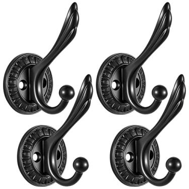 Imagem de Ruiziiz Gancho preto para toalha pacote com 4 ganchos para roupão de banho duplo de metal resistente, ganchos de toalha pretos para banheiros, cozinha, armário, garagem (336-2 preto, 4)