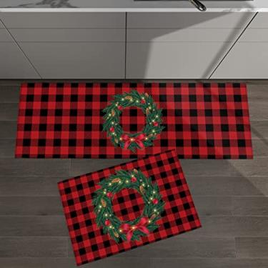 Imagem de Conjunto de 2 tapetes de cozinha Guirlanda de Feliz Natal Vermelho Preto Buffalo Xadrez para Tapetes Acolchoados no Chão e Tapetes Antiderrapantes Absorventes Passadeira Confortável Tapete de Pé
