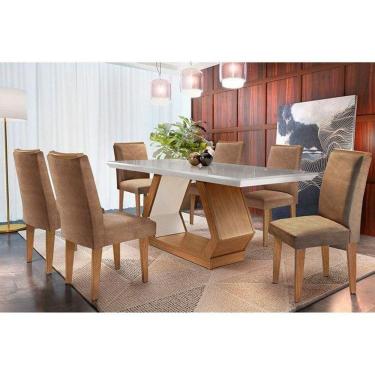 Imagem de Sala de Jantar Completa Alvorada c/ Tampo Madeirado Canto Reto 180cm + 6 Cadeiras Lunara Imbuia/Chocolate Capuccino - Rufato