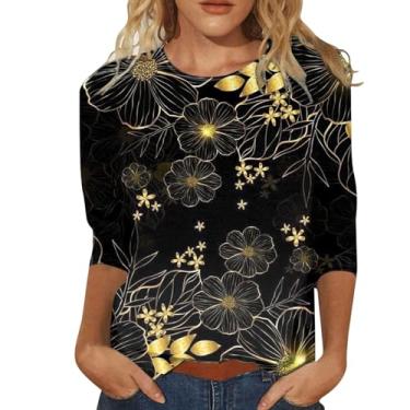 Imagem de Camisetas femininas estampadas florais vintage de verão com manga 3/4 2024, solta, confortável, túnica casual, Z01 dourado, P
