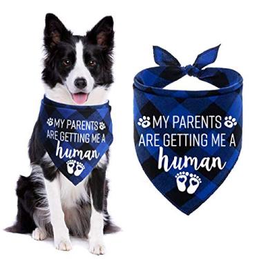 Imagem de STMK My Parents are Getting Me A Human Plaid Dog Bandana, Anúncio de Gravidez, Bandana Xadrez para Cachorro, Anúncio de Bebê, Adereço para Foto de Revelação de Gênero para Cachorrinhos (Azul)