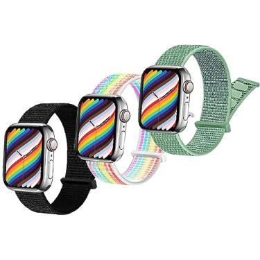 Imagem de Pacote com 3 pulseiras esportivas compatíveis com Apple Watch de 42 mm, 44 mm, 45 mm, 49 mm, pulseira trançada elástica de nylon para iWatch Ultra Series SE/SE2/8/7/6/5/4/3/2/1 para meninos e meninas, preto + arco-íris + verde