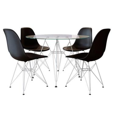 Imagem de Conjunto Jantar Eames De Ferro Branco Tampo Redondo 90cm Vidro 4 Cadei