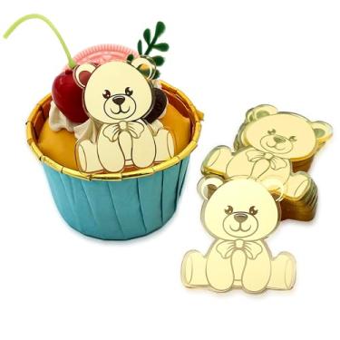 Imagem de AiQi Bakes 12 Pieces Happy Birthday Bear Shape Cupcake Topper Acrylic Gold Mirror Mini Cake Topper for Party Decoration