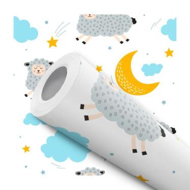 Imagem de Papel de Parede Adesivo Ilustração Infantil Ovelhinha Céu Nuvem Estrel
