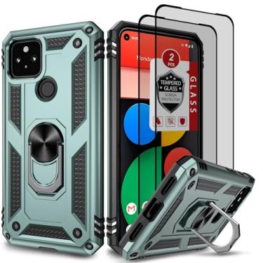 Imagem de Capa para Google Pixel 5, capa para Google Pixel 5 com [2x protetor de tela de vidro temperado], suporte de anel integrado à prova de choque Defender Armor capa de plástico TPU de camada dupla para