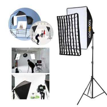 Imagem de Kit Iluminação Softbox 50x70cm Grid Soquete E27 com Tripé 1,90m para F