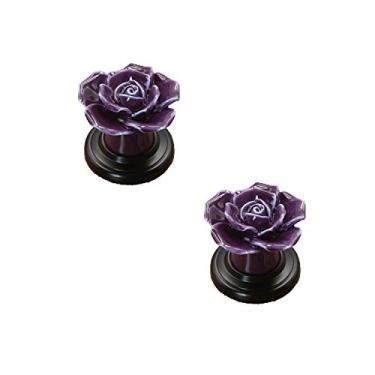 Imagem de Puxadores de porta de cerâmica em forma de flor rosa roxa com furo único puxador de armário de cozinha - perfeito para gavetas de móveis de meninas puxadores de armário decorativos (roxo)