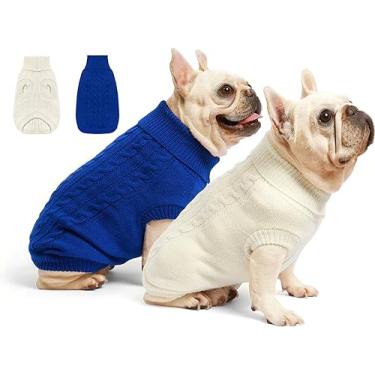 Imagem de Roseelk Pacote com 2 suéteres para cães pequenos – roupas quentes médias para filhotes de cachorro, design de pulôver de gola rolê para meninos, meninas, animais de estimação, cachorrinho, gato, gatinho chihuahua buldogue pug beagles (P, azul, bege)