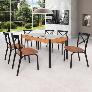Imagem de Conjunto Sala de Jantar Mesa 140cm X 77cm Tampo Vidro com 6 Cadeiras Karina Preto fosco / Caramelo