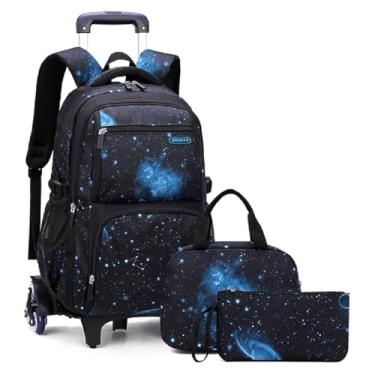 Imagem de Mochila Escolar Infantil com Rodinhas e Carrinho – Design Céu Estrelado Preto e Azul
