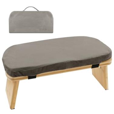 Imagem de kaimenhong Banco de meditação dobrável, banco de joelho de bambu com almofada, cadeira de meditação portátil, banco de ioga, banco de ioga, prática zen, cadeira de ajoelhar confortável, 43 x 19 x 18