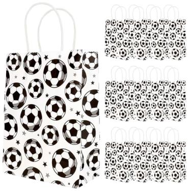 Imagem de eowqeiur 12 sacos de papel de futebol (16,3 x 8,7 polegadas) com alça para presente, guloseimas, doces, lanches, lembrancinhas de festa, suprimentos para decorações