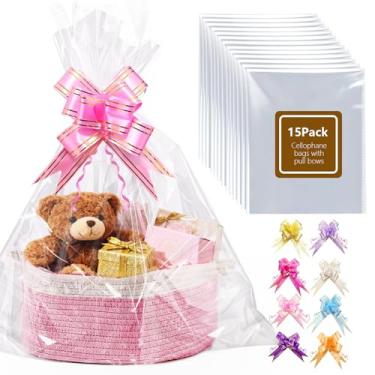 Imagem de Boensi Pacote com 15 sacos de celofane extragrandes com 15 laços, sacos transparentes de 68 x 99 cm para cestas de presente, Halloween, Páscoa, cesta de frutas de Natal e embalagem de presente