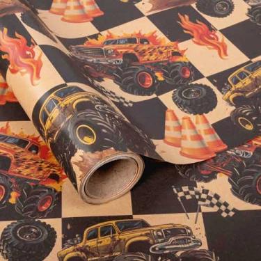 Imagem de Altarho Rolo de papel de embrulho Monster Truck Kraft para meninos, crianças, preto, branco, xadrez, buffalo, com carro de corrida, para festa temática de caminhão de aniversário, chá de bebê, noivado