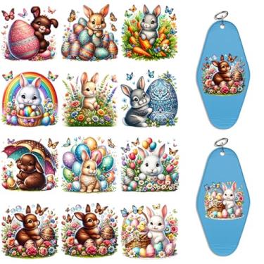 Imagem de Elewins 24 peças de papel de transferência UV DTF Happy Easter para chaveiros de motel UV DTF papel de impressão para chaveiros de hotel de acrílico, envoltório de copo DTF UV colorido (coelhinho da