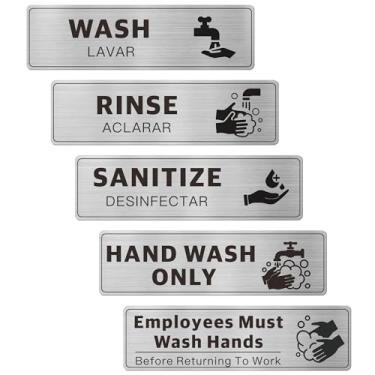 Imagem de 5PK Etiquetas bilíngües de lavatório, higienização, lavagem à mão, apenas os funcionários devem lavar as mãos, alumínio escovado, descascar e colar à prova d'água para cozinhas comerciais, caminhões