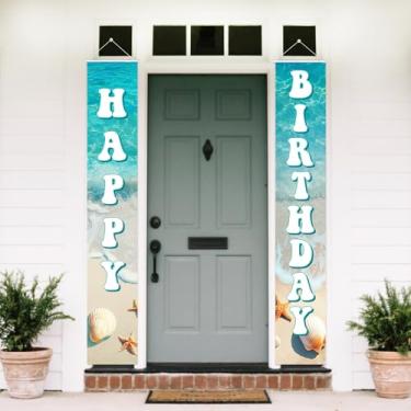 Imagem de Fangleland Decorações de porta de feliz aniversário oceano, placas de varanda de praia litorânea azul náutica estrela do mar banners pendurados para porta, suprimentos de festa no mar, fundo